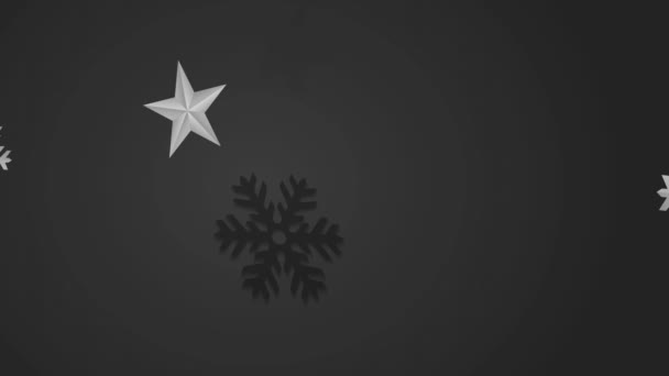 Tavaszi és ugrál mozgás grafika flancos jelenet dobozok fényes Fuchsia íjak csillagok és hópelyhek feküdt szemben szürke jelenet körülvevő boldog karácsonyt és mosolygós újévi forgatókönyv - Felvétel, videó