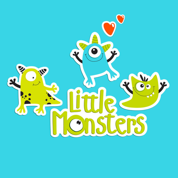 Vector cartoon monsters. cartoon character. little monsters. funny monstrous typographic illustration. stickers. - Vector, Image