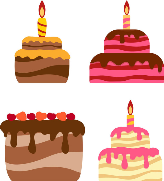 Cake birthday icon set. Flat set of cake vector icons for web design. different types of beautiful modern cakes with candle. - Vector, imagen