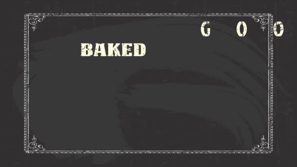 Scale Speed Ramping Motion Of Baked Goods Bakery Products With Various Types Of Aged Out Retro Texture Typing Drawn With White Chalk On A Washed Black Blackboard - Footage, Video