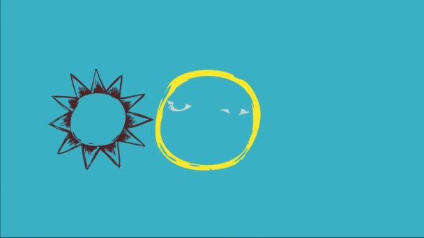 Bounce Spring Scale And Slide Animation Of Old-Fashioned Sun Cartoon With Calm Facial Drawn With Crayon Lines Like Draw Multicoloured With Gold And Green Tones Over Blue Background - Footage, Video