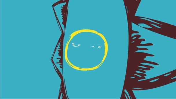 Scaling és forgó mozgás a klasszikus Sun Draw derűs arc rajzolt ceruza vonalak, mint a rajz sokszínű arany és zöld Tones felett kék háttér - Felvétel, videó