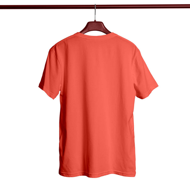 Pegue su logotipo o diseño a esta espalda Ver manga corta Camiseta masculina Mock Up With Hanger In Living Coral Color y todo se ve hermoso
 - Foto, imagen