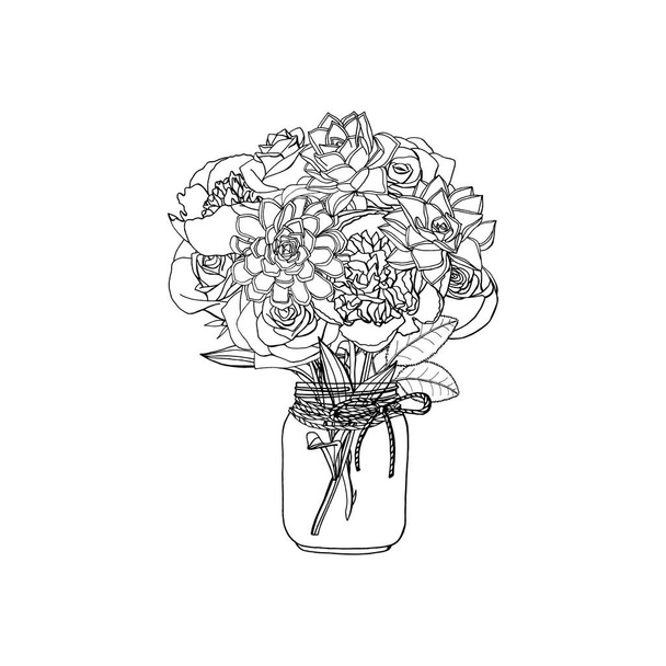 Hand drawn doodle style bouquet of different flowers, succulent, peony, rose - Vector, Image