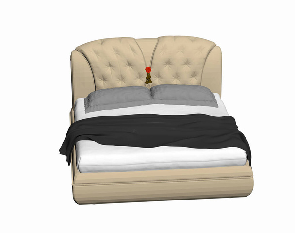 Двуспальная кровать с подушками и постельным бельем в спальне
 - Фото, изображение