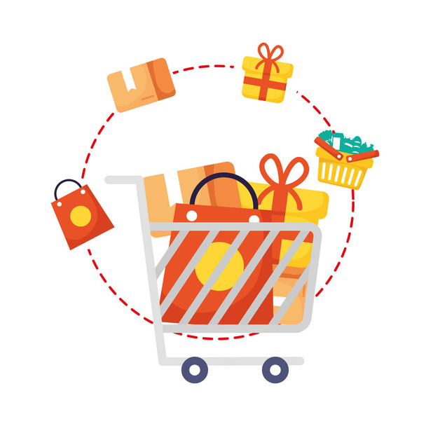 shopping cart with marketing set icons - Vector, imagen