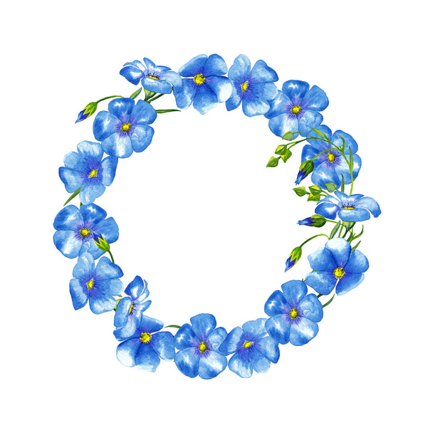 Round floral frame of realistic blue flax flowers and buds. Colorful delicate card. Watercolor hand painted isolated elements on white background. - 写真・画像