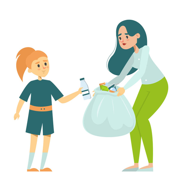 Dítě pomáhá matce sbírat plastové odpadky na ulicích vektor izolované. Koncepce ochrany životního prostředí. Nulový životní styl odpadu. - Vektor, obrázek