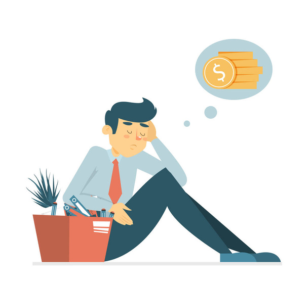 Unemployment concept vector isolated. Sad unemployed man with a box. Global crisis, dismissed employee thinks about money. - Vector, Image