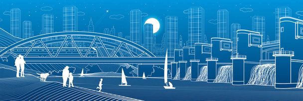 Hydro power plant. River Dam. Train rides on bridge. People stay at shore. City infrastructure industrial illustration panorama. Urban life. White lines on blue background. Vector design art - Vector, Image