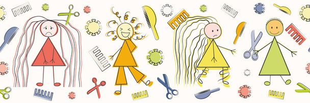 Niechlujny wektor włosów bezszwowa granica. Śmieszne infografiki Covid 19 szkic wielokolorowy sztandar kwarantanny z dziewczyna kij, szczotka nożyczki, motyw koronawirusa. Do izolacji wstążka samopielęgnacyjna, taśma - Wektor, obraz