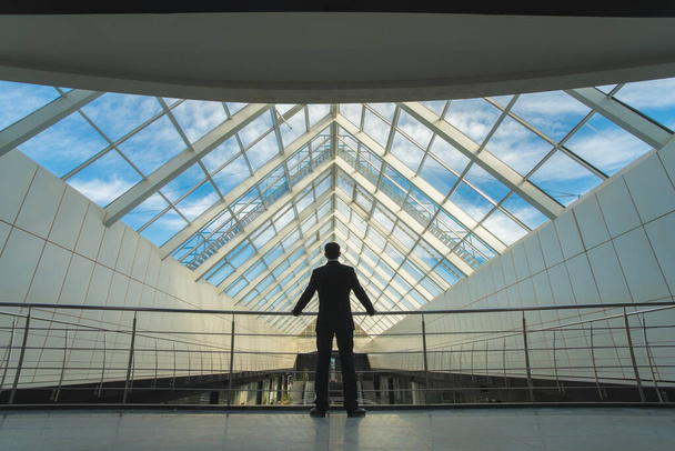 Muž stojí na kancelářské hale na pozadí oblohy - Fotografie, Obrázek