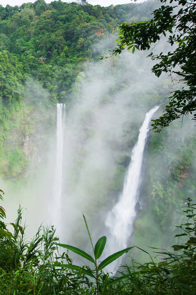 Prachtige Tad Fane waterval in de mistige, pittoreske twin waterval in het regenseizoen, toeristische attracties in Zuid-Laos. - Foto, afbeelding