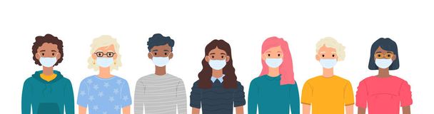 Children with medical masks on faces to protect their against coronavirus covid-19, 2019-nCov isolated on white background. Kids virus protection concept. Stay safe. Vector illustration. - Vektor, Bild