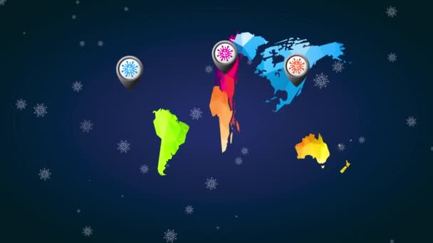 Koronavirüs dünya haritasının etrafında dönen element 3 boyutlu üçgen biçimlerle yapılmış ve her kıtayı farklı renklerle işaretleyen virüssel grafiksel simge ile dizayn edilmiş bir konum simgesi - Video, Çekim