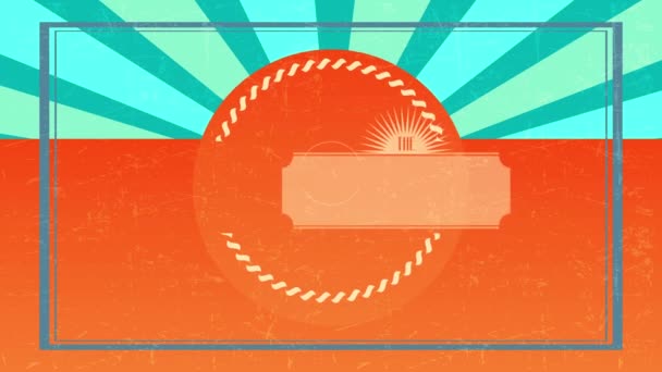 Spring And Scaling Motion Of The Sunshine Beach Place Markenname mit Text, der wie eine alte Kinokarte geschrieben wurde, mit abstrakter Sonnengrafik und geknoteten Kreis über orangefarbenem und gestreiftem Hintergrund - Filmmaterial, Video