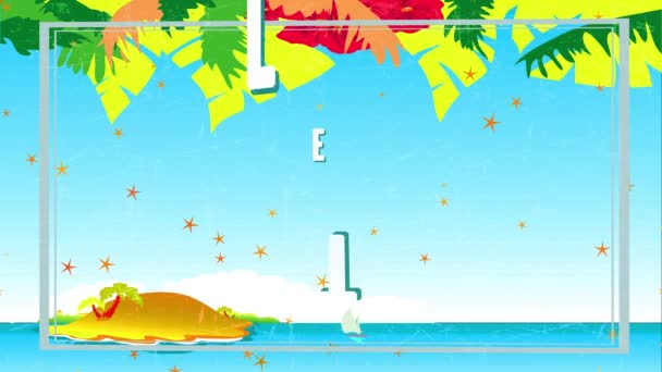緑豊かなタイプのオフセットで書かれたビーチに向かって行くことができますの回転とスケールアップ60S明確な夏の青い空の下で無力島に近づくボートと空想の背景 - 映像、動画