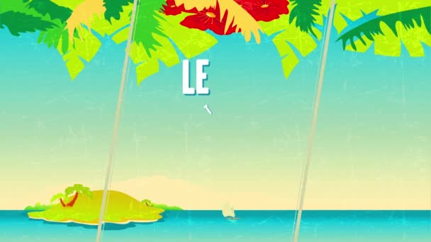 Linear Bounce And Spin Animation Of Lets Go To The Beach Written With Fat Font Typography Above 60S Style Background With Boat Approaching Lost Island Under Clear Summer Sky - Footage, Video