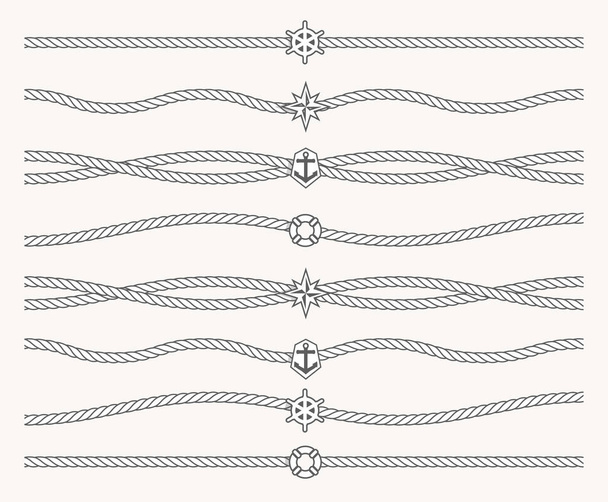 Set van nautische touw met mariene symbolen in het midden van de lijn. Grenslijn, onderstreep, lijn voor lijn. Naadloos matroos patroon. - Vector, afbeelding