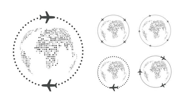 Set of simple traveling icons. Around world on plane. Airplane travel logo template. Earth trip vector icon. - Vector, Image