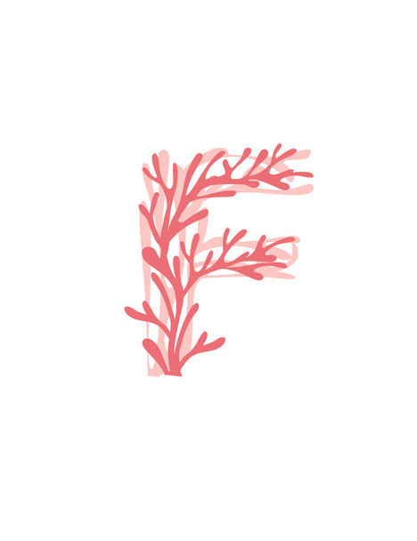 F harfi pembe deniz yosunları sualtı okyanus bitkisi deniz mercan elementleri beyaz arka planda düz vektör çizimi. - Vektör, Görsel