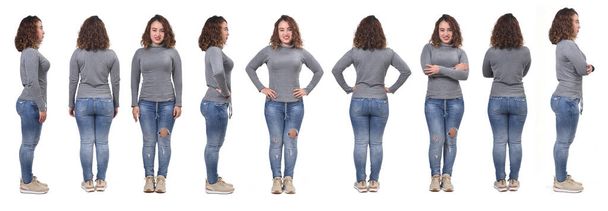 grande gruppo di stessa donna con jeans fronte, retro e vista laterale su sfondo bianco
 - Foto, immagini