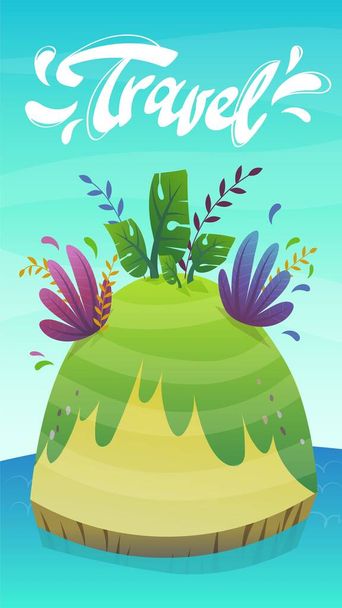 Karikatur Wüste tropische Insel mit Kokospalmen und exotischen lustigen Pflanzen. Sommer Reisetourismus Urlaubsvektorillustration, unbewohnte Insel im Meer Ozean - Vektor, Bild