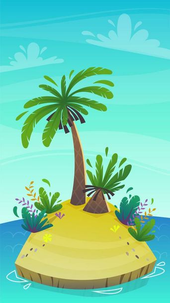 kreslený pouštní tropický ostrov s kokosovou palmou a exotickými legračními rostlinami. letní cestovní ruch dovolená vektor ilustrace, neobydlený ostrov na moři oceánu - Vektor, obrázek