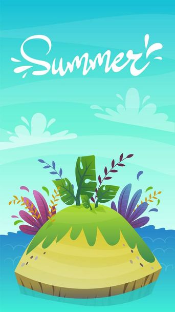 dibujos animados desierto isla tropical con palmera de coco y plantas divertidas exóticas. viaje de verano turismo vacaciones vector ilustración, isla deshabitada en el mar océano
 - Vector, imagen