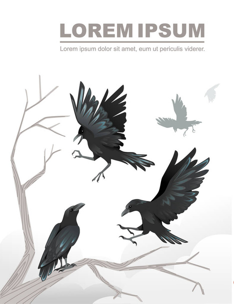 Группа черных ворон мертвые ветви дерева реклама листовки дизайн мультфильм животного стиля плоский вектор иллюстрации на белом фоне
. - Вектор,изображение