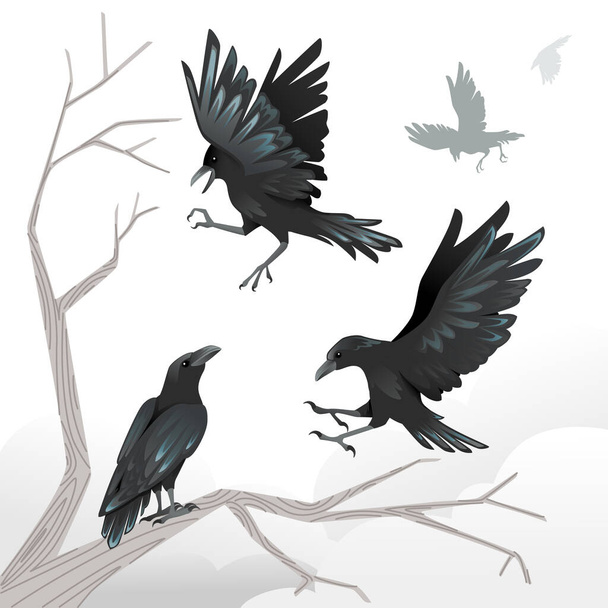 Gruppe von schwarzen Krähen ein toter Baum Zweig Werbung Flyer Design Cartoon Tier Stil flache Vektor Illustration auf weißem Hintergrund. - Vektor, Bild