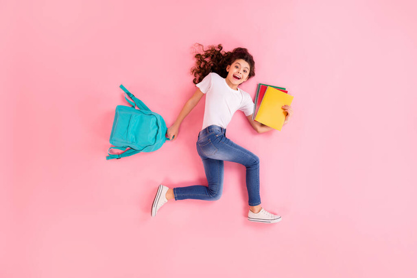 Top view above high angle flat lay flatlay lie concept full length body size view of nice lovely cheerful girl jumping running to college carrying materials isolated on pink pastel color background - Photo, Image