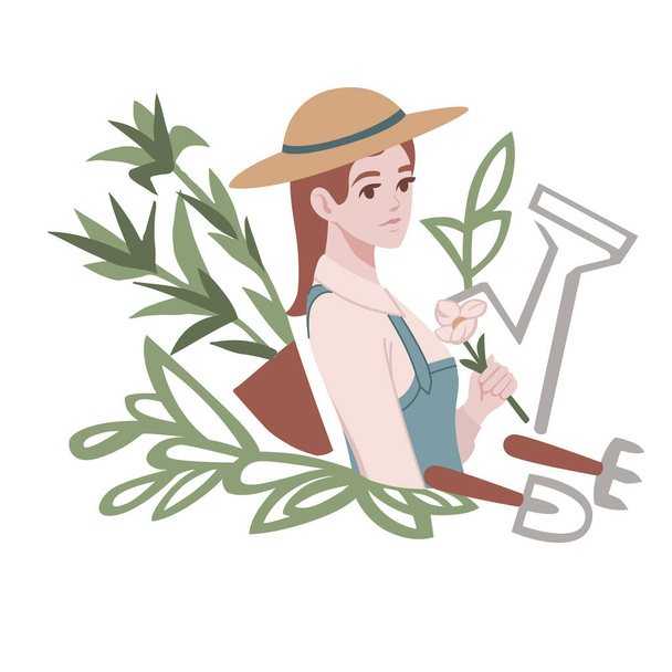 Carino giardiniere donna con attrezzature da giardinaggio disegno piatto vettoriale illustrazione su sfondo bianco
. - Vettoriali, immagini