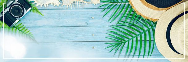 web banner and flat lay summer time holiday and beach accessories on blue wooden background - Photo, Image