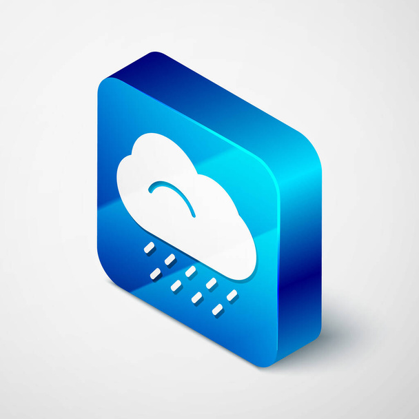 Izometrický mrak s ikonou deště izolovanou na šedém pozadí. Déšť mraky srážek s kapkami deště. Modré tlačítko. Vektorová ilustrace - Vektor, obrázek