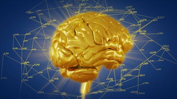3d render golden brain with computational and mathematical data - Photo, Image