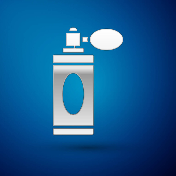 Botella Aftershave plateada con icono atomizador aislado sobre fondo azul. Icono de spray de Colonia. Frasco de perfume masculino. Ilustración vectorial
 - Vector, imagen