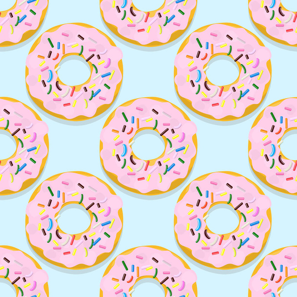 Ilustração de padrão sem costura vetorial de donuts em esmalte rosa em um azul
 - Vetor, Imagem