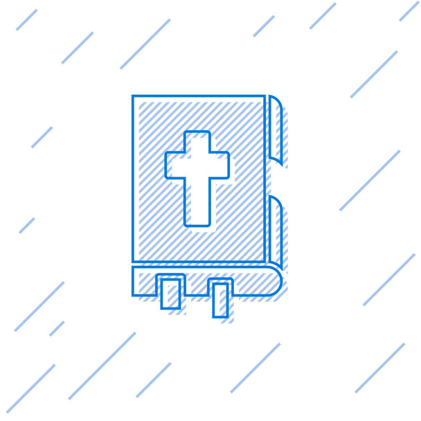Línea azul Icono del libro de la Sagrada Biblia aislado sobre fondo blanco. Ilustración vectorial
 - Vector, Imagen