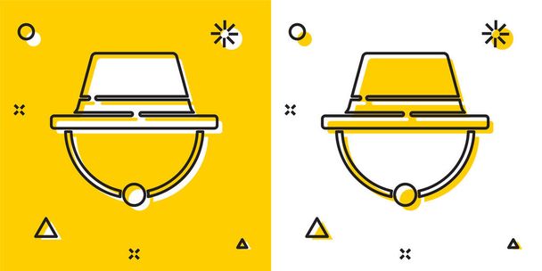 Sombrero de camping negro icono aislado sobre fondo amarillo y blanco. Sombrero de playa panama. Explorador de los viajeros sombrero para la caza, senderismo, turismo. Formas dinámicas aleatorias. Ilustración vectorial
 - Vector, imagen