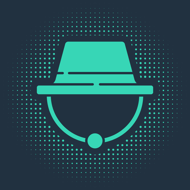 Зелена піктограма капелюха кемпінгу ізольована на синьому фоні. Панама пляжного капелюха. Дослідник мандрівників капелюх для полювання, пішоходів, туризму. Абстрактне коло випадкових точок. Векторна ілюстрація
 - Вектор, зображення