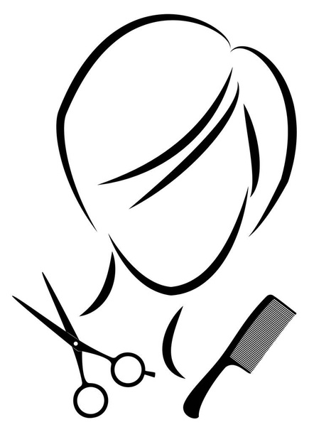 Silhouette einer netten Dame. Das Mädchen zeigt eine Frisur mit mittellangen und langen Haaren und einer Schere. Geeignet für Logo, Friseurwerbung. Vektorillustration. - Vektor, Bild