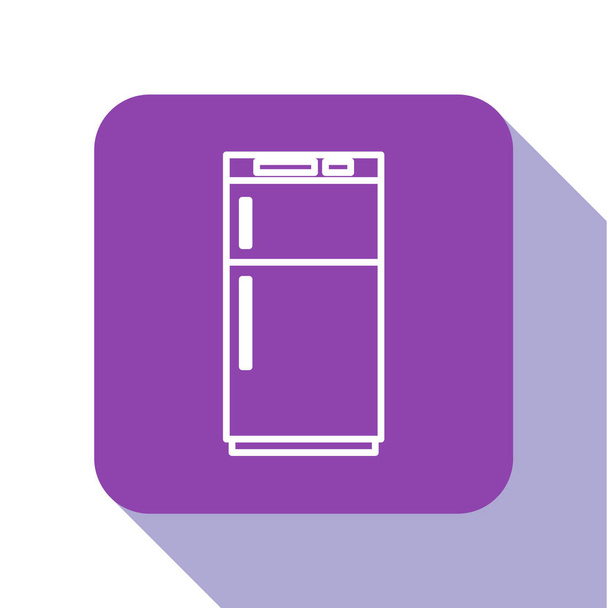 Fehér vonal Hűtőszekrény ikon elszigetelt fehér háttérrel. Hűtőszekrény hűtőszekrény. Háztartási technika és készülékek. Lila négyzet gomb. Vektorillusztráció - Vektor, kép