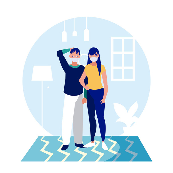 Woman and man couple with masks at home vector design - Vector, Image