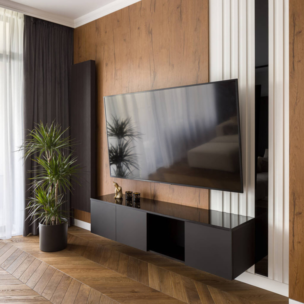 Velká televizní obrazovka v elegantním obývacím pokoji s dřevěnou podlahou a zdobené stěny - Fotografie, Obrázek