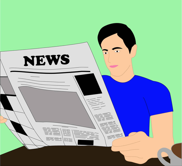 Sitzender Mann, der mit einer Tasse Kaffee die Nachrichten in der Zeitung liest, auf hellgrünem Hintergrund - Vektor, Bild