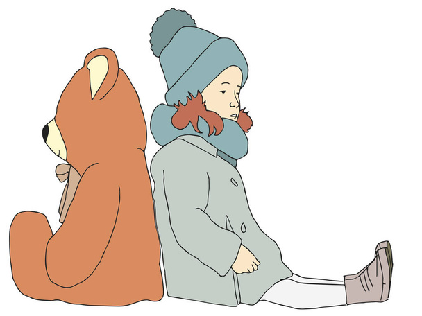 Κοριτσάκι με χειμωνιάτικα ρούχα και αρκουδάκι να κάθονται μαζί σε λευκό φόντο - Φωτογραφία, εικόνα