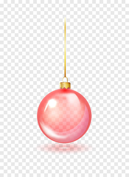 Red Christmas glass toys on a transparent background. Christmas ball hanging on gold string. Template shiny toy. Vector glass xmas bauble template. Isolated object - Vector, afbeelding