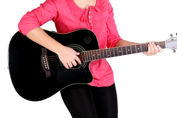 Acoustic guitar in female hands, isolated on white - Valokuva, kuva