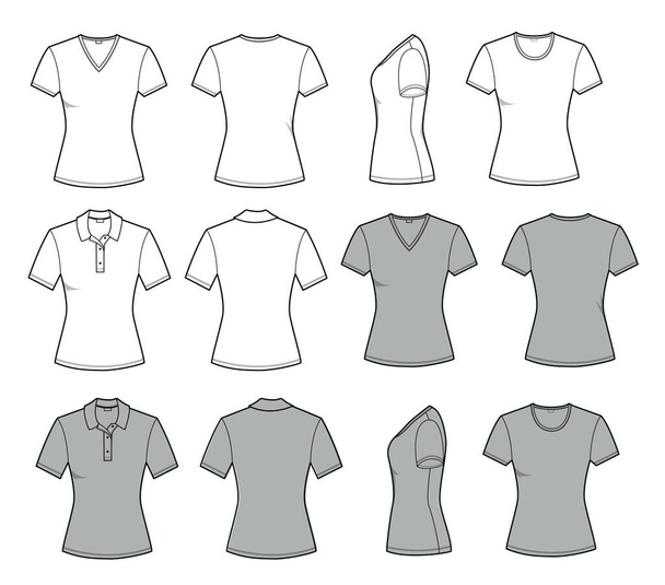 フロント、バック、サイドビューのテンプレートのための女性のtシャツ。ベクトルセットファッションカジュアル服男性フラットスタイルイラストのための白に隔離されたデザイン - ベクター画像